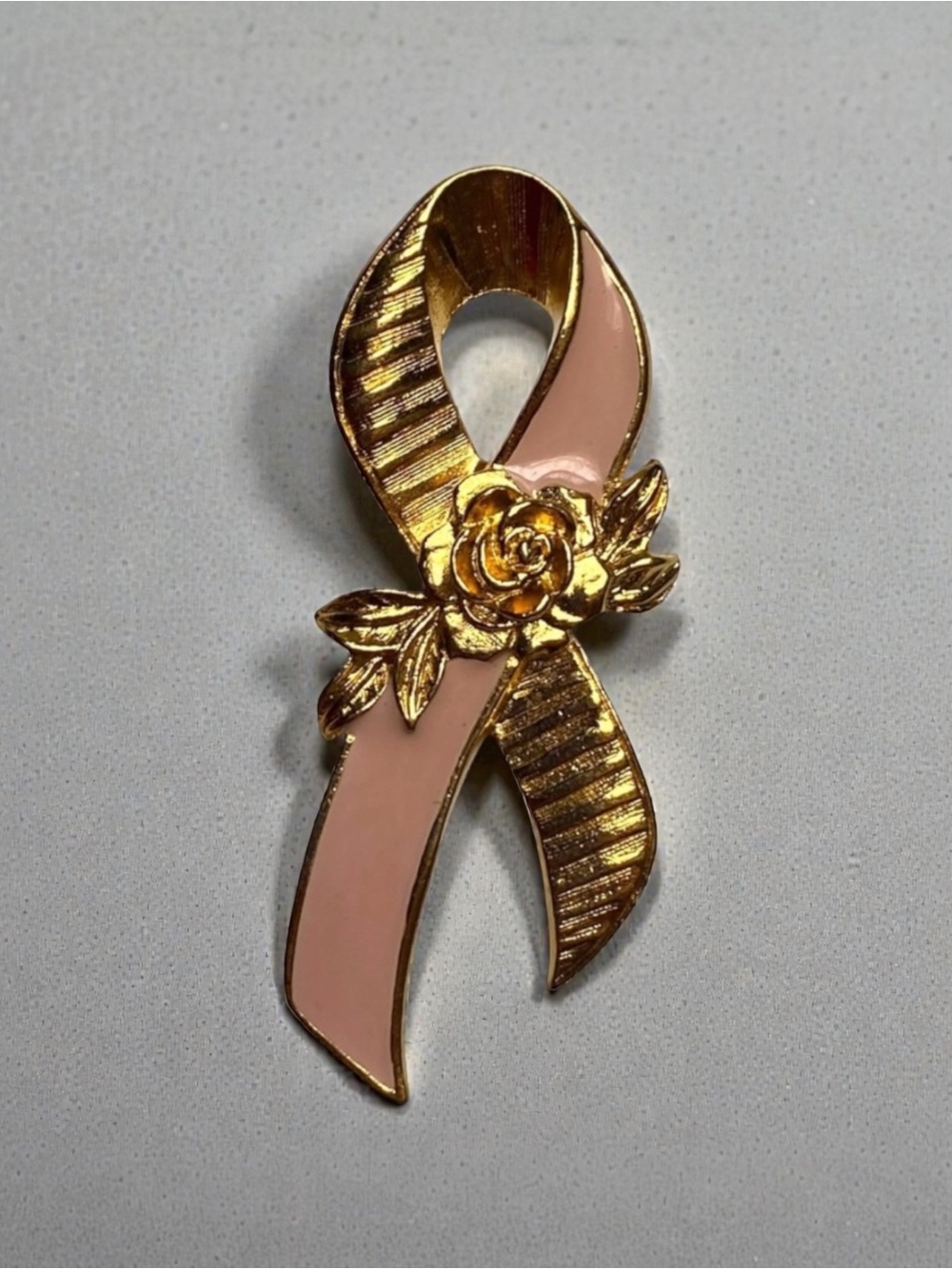 Vintage AVON Gold and Pink Breast Cancer Awareness Ribbon Brooch